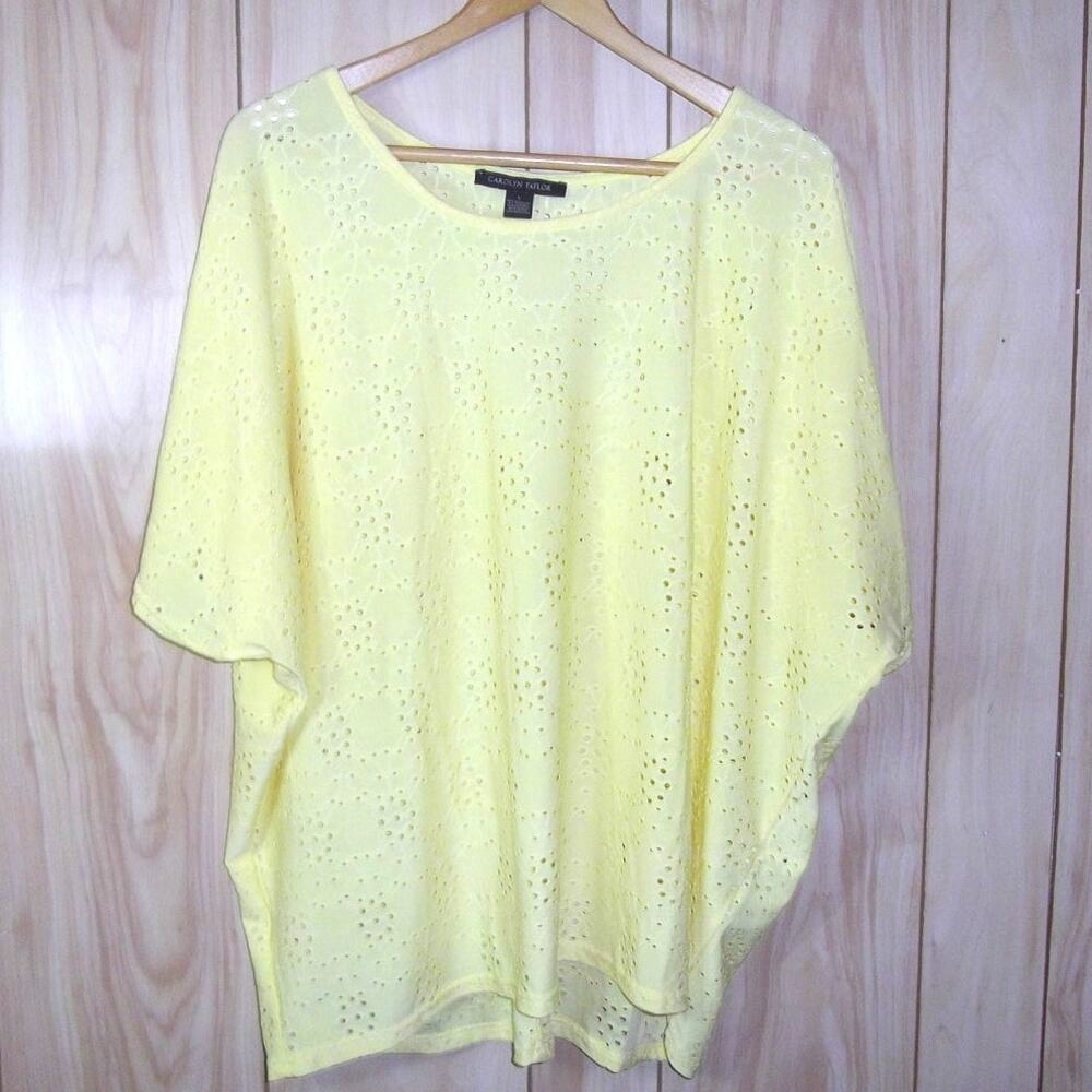 Carolyn Taylor Floral Pastel Yellow Eyelet Oversized Poncho Blouse Women L